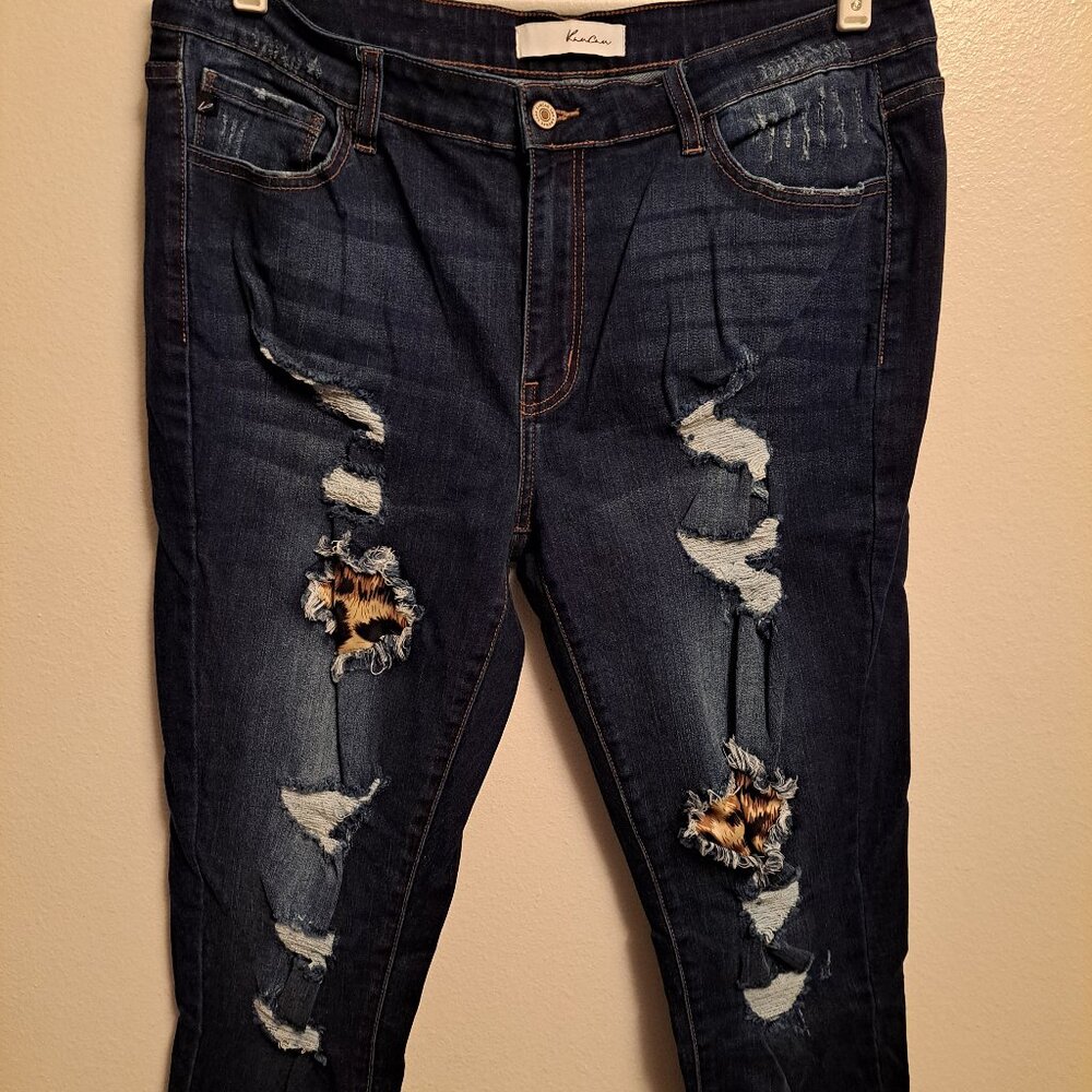 KanCan Mid Rise Distressed Leopard Print Accent Super Skinny Jeans - Picture 9 of 16